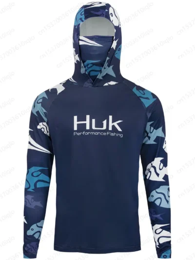 HUK UPF 50+ Long Sleeve Hooded Face Cover Fishing Shirts Quick Dry Sweatshirts Breathable UV Protection Fishing Shirt